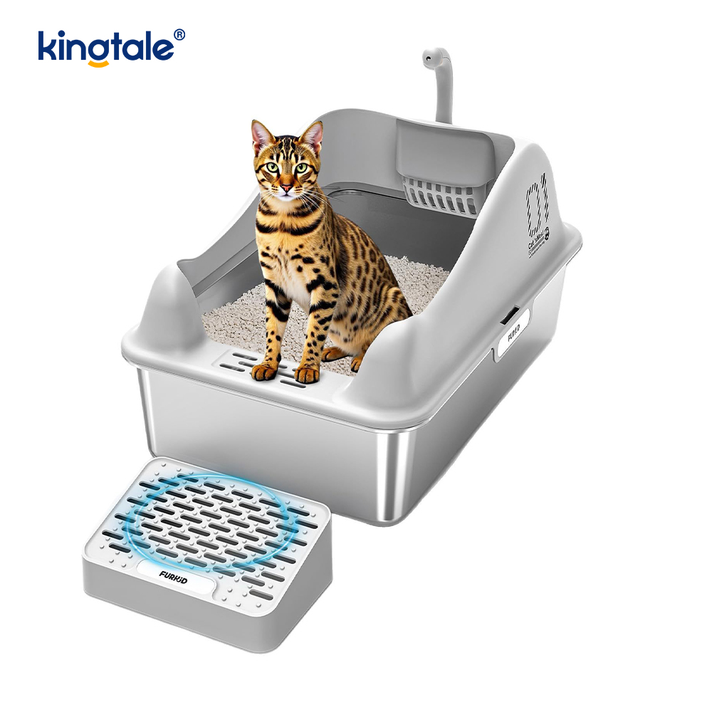Bac à litière pour chat en acier inoxydable avec pédale, bac à litière en métal à côtés hauts, jamais