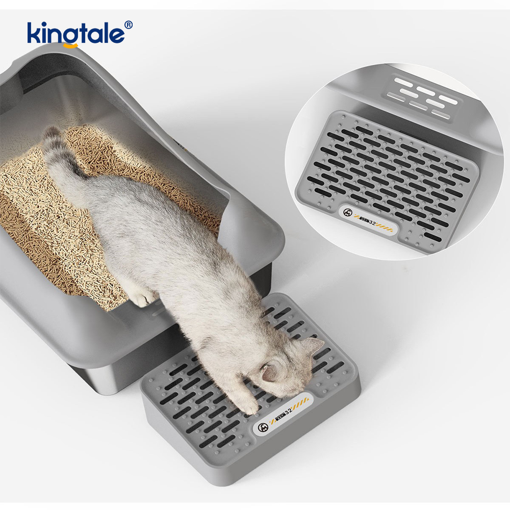 Bac à litière pour chat en acier inoxydable avec pédale, bac à litière en métal à côtés hauts, jamais