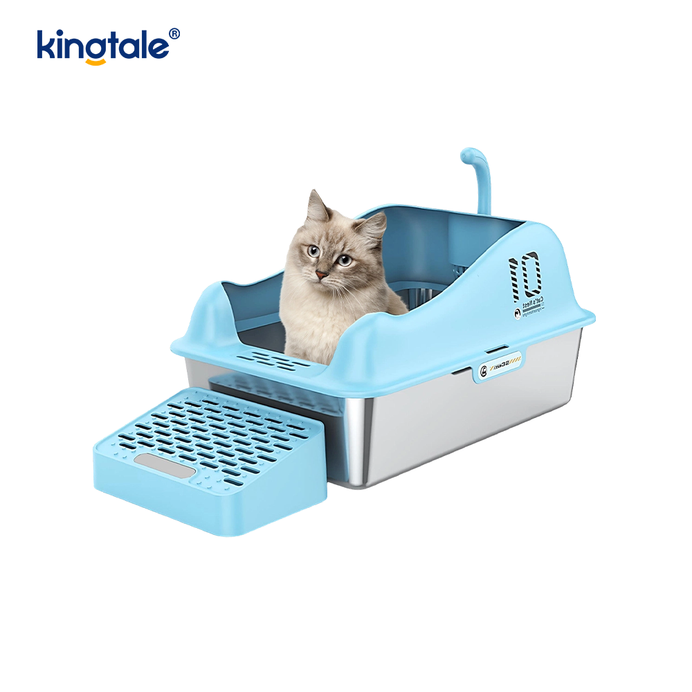 Bac à litière pour chat en acier inoxydable avec pédale, bac à litière en métal à côtés hauts, jamais