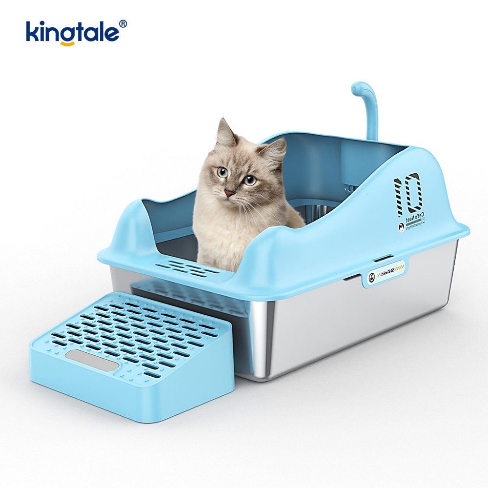 Bac à litière pour chat en acier inoxydable avec pédale, bac à litière en métal à côtés hauts, jamais