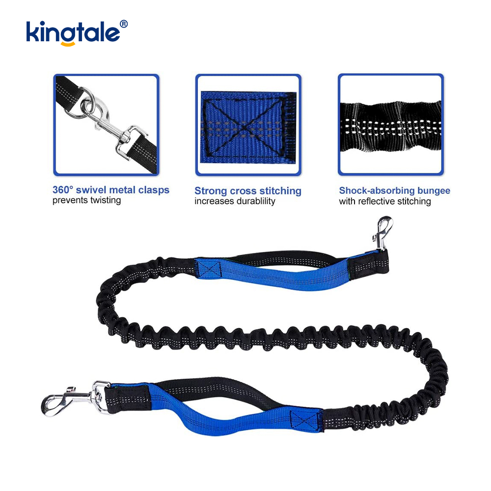 Laisse pour animaux de compagnie double course élastique réfléchissante avec pochette à fermeture éclair