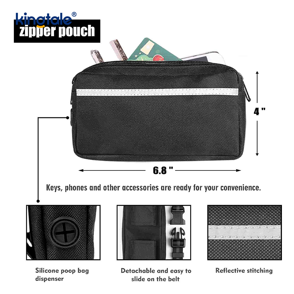 Laisse pour animaux de compagnie double course élastique réfléchissante avec pochette à fermeture éclair