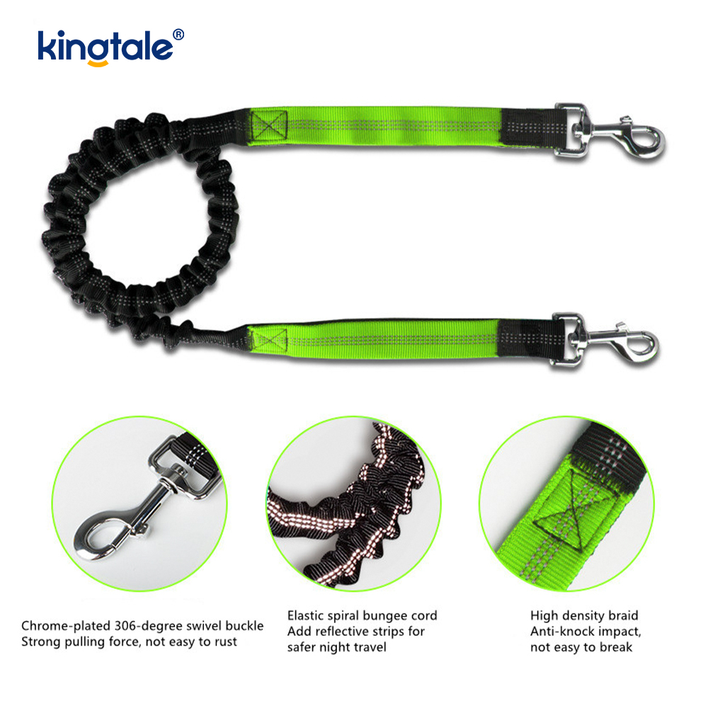 Laisse pour animaux de compagnie double course élastique réfléchissante avec pochette à fermeture éclair